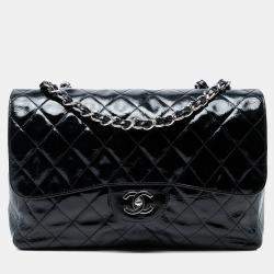 Pre Owned Chanel Navy Blue Jumbo Classic Crinkled Patent Single Flap