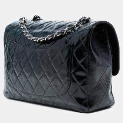 Pre Owned Chanel Navy Blue Jumbo Classic Crinkled Patent Single Flap