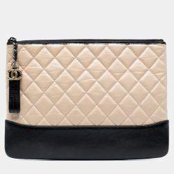 Pre Owned Chanel Beige Black Medium Aged Calfskin Gabrielle O Case Clutch