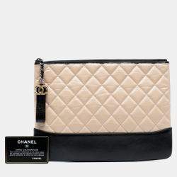 Pre Owned Chanel Beige Black Medium Aged Calfskin Gabrielle O Case Clutch