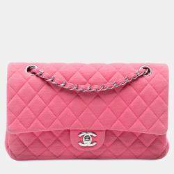 Pre Owned Chanel Pink Medium Classic Jersey Double Flap