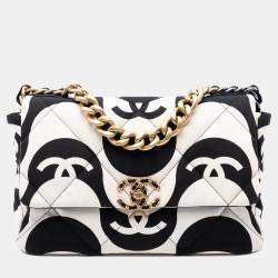 Pre Owned Chanel Black/White Large Printed Silk 19 Flap