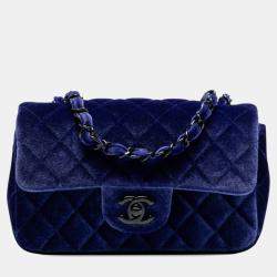 Pre Owned Chanel Blue Mini Rectangular Classic Velvet Single Flap