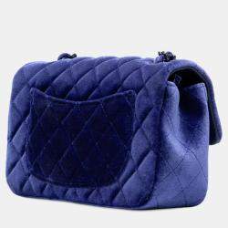 Pre Owned Chanel Blue Mini Rectangular Classic Velvet Single Flap
