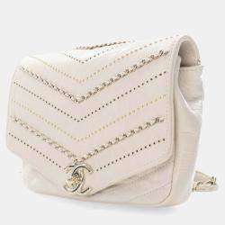 Pre Owned Chanel White Mini Chevron Crinkled Calfskin Embellished Envelope Flap