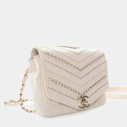 Pre Owned Chanel White Mini Chevron Crinkled Calfskin Embellished Envelope Flap