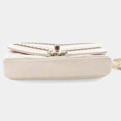 Pre Owned Chanel White Mini Chevron Crinkled Calfskin Embellished Envelope Flap