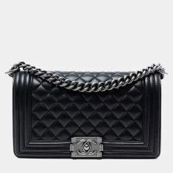 Pre Owned Chanel Black Old Medium Quilted Lambskin Boy Flap