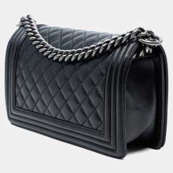 Pre Owned Chanel Black Old Medium Quilted Lambskin Boy Flap