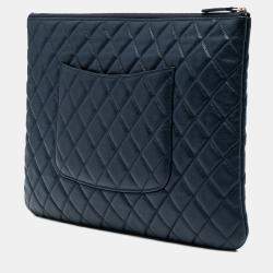 Pre Owned Chanel Navy Blue Large Quilted Caviar O Case Clutch