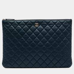 Pre Owned Chanel Navy Blue Large Quilted Caviar O Case Clutch