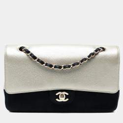 Pre Owned Chanel Black/Silver Medium Classic Bicolor Caviar Double Flap