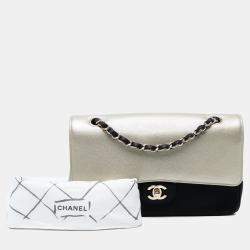 Pre Owned Chanel Black/Silver Medium Classic Bicolor Caviar Double Flap