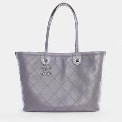 Pre Owned Chanel Silver Large Quilted Metallic Caviar Shopping Fever Tote