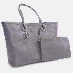 Pre Owned Chanel Silver Large Quilted Metallic Caviar Shopping Fever Tote