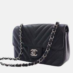 Pre Owned Chanel Black Mini Rectangular Classic Chevron Caviar Single Flap