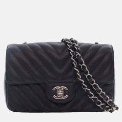Pre Owned Chanel Black Mini Rectangular Classic Chevron Caviar Single Flap