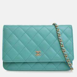 Pre Owned Chanel Blue CC Quilted Lambskin Wallet On Chain