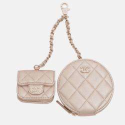 Pre Owned Chanel Gold Quilted Metallic Lambskin Round Clip On Coin Purse and Airpods Case