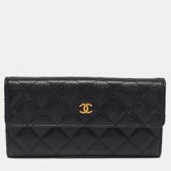 Pre Owned Chanel Black Quilted Caviar Leather Classic Flap Wallet