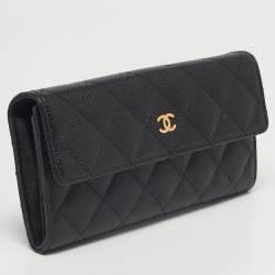Pre Owned Chanel Black Quilted Caviar Leather Classic Flap Wallet