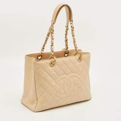 Pre Owned Chanel Beige Quilted Caviar Leather GST Shopper Tote
