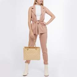 Pre Owned Chanel Beige Quilted Caviar Leather GST Shopper Tote