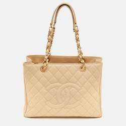 Pre Owned Chanel Beige Quilted Caviar Leather GST Shopper Tote