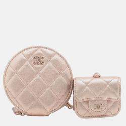 Pre Owned Chanel Pink CC Quilted Metallic Lambskin Coin Pouch and AirPods Pro Case