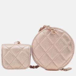 Pre Owned Chanel Pink CC Quilted Metallic Lambskin Coin Pouch and AirPods Pro Case