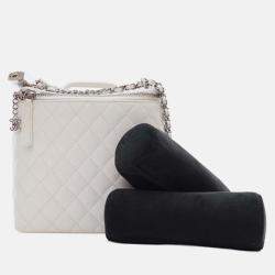 Pre Owned Chanel White Large Quilted Lambskin Top Handle Jewelry Box With Chain