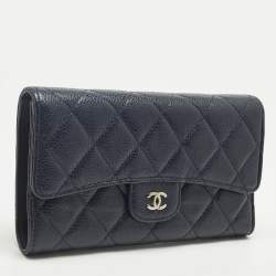 Pre Owned Chanel Navy Blue Quilted Caviar Leather Classic L Trifold Wallet