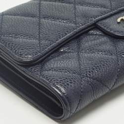Pre Owned Chanel Navy Blue Quilted Caviar Leather Classic L Trifold Wallet