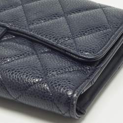 Pre Owned Chanel Navy Blue Quilted Caviar Leather Classic L Trifold Wallet