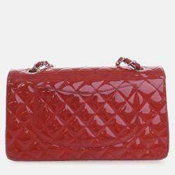 Pre Owned Chanel Red Medium Classic Patent Double Flap