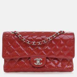 Pre Owned Chanel Red Medium Classic Patent Double Flap