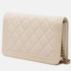 Pre Owned Chanel White Quilted Caviar Boy Wallet on Chain
