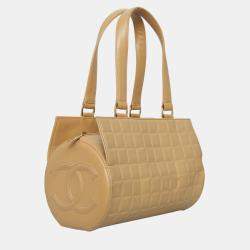 Pre Owned Chanel Beige Leather Vintage Chocolate Bar Drum Bag