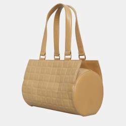 Pre Owned Chanel Beige Leather Vintage Chocolate Bar Drum Bag