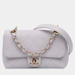 Pre Owned Chanel White Small Stitched Caviar City Walk Flap