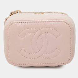 Pre Owned Chanel Pink Mini CC Quilted Caviar Vanity Case with Chain