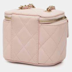 Pre Owned Chanel Pink Mini CC Quilted Caviar Vanity Case with Chain