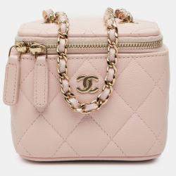 Pre Owned Chanel Pink Mini CC Quilted Caviar Vanity Case with Chain