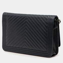 Pre Owned Chanel Navy Blue Chevron Lambskin Boy Wallet on Chain