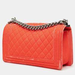 Pre Owned Chanel Orange Old Medium Quilted Velvet Boy Flap