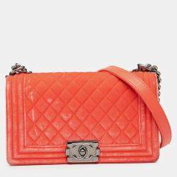 Pre Owned Chanel Orange Old Medium Quilted Velvet Boy Flap