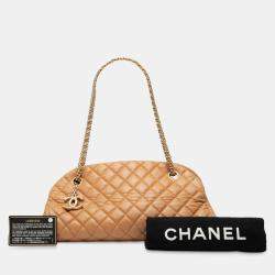 Pre Owned Chanel Beige Brown Medium Lambskin Just Mademoiselle Bowling Bag