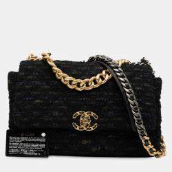 Pre Owned Chanel Black Blue Large Tweed 19 Flap
