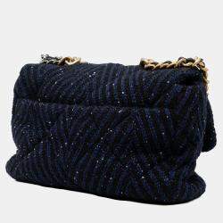 Pre Owned Chanel Blue Large Chevron Tweed Sequin 19 Flap