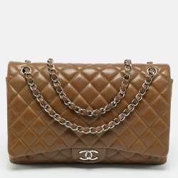 Pre Owned Chanel Brown Quilted Caviar Leather Maxi Classic Double Flap Bag